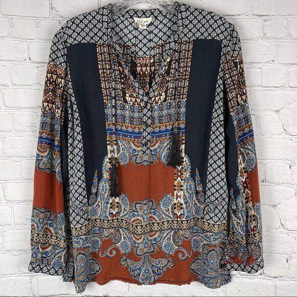 TRIBAL JEANS women's longsleeve top boho mixed print tassel peasant style size S - Picture 1 of 11